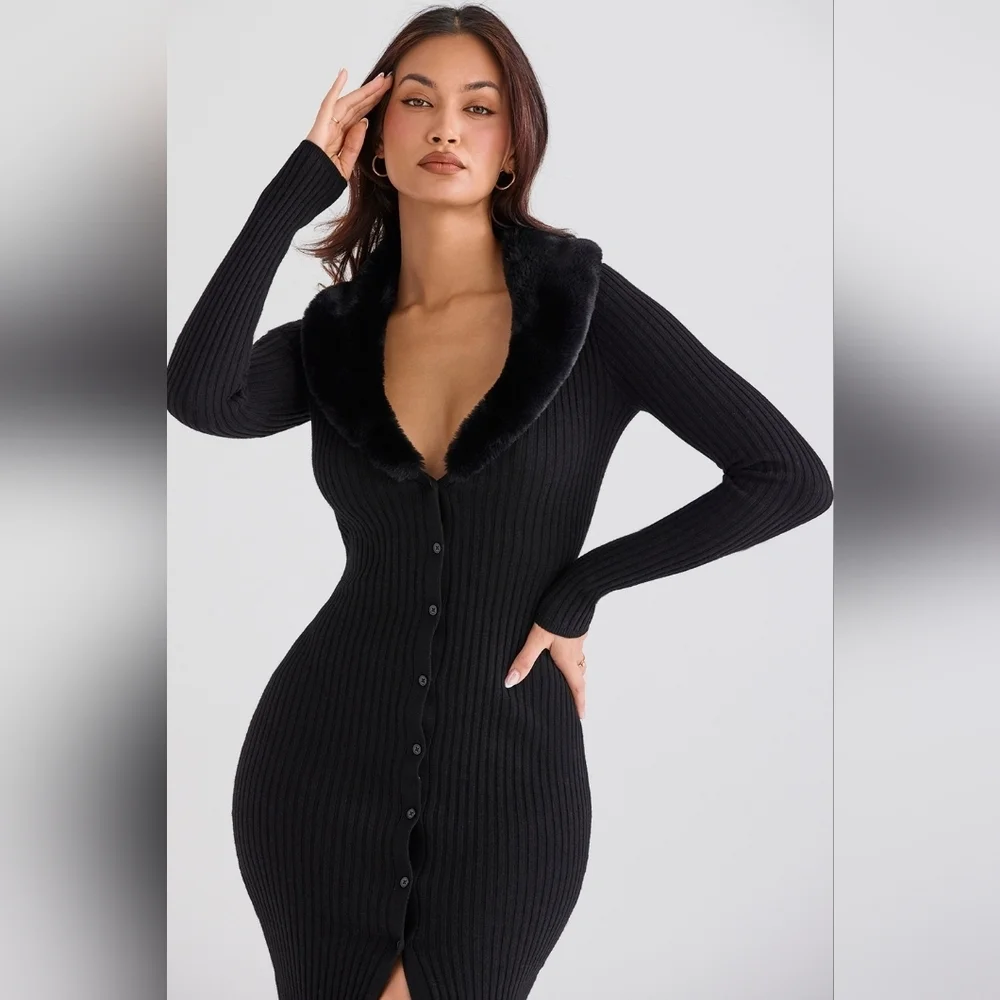 NWT House of CB Raine Black‎ Faux Fur Button Down Sweater Midi Dress M - Picture 4 of 8